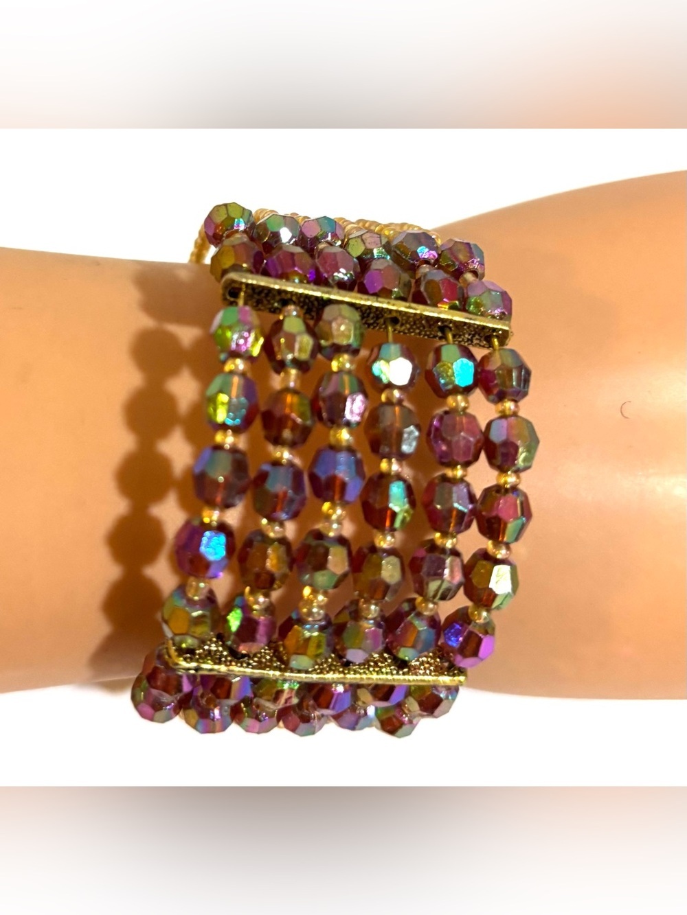 Fashion Jewelry Iridescent Purple and Gold Multistrand plastic Beaded Bracelet